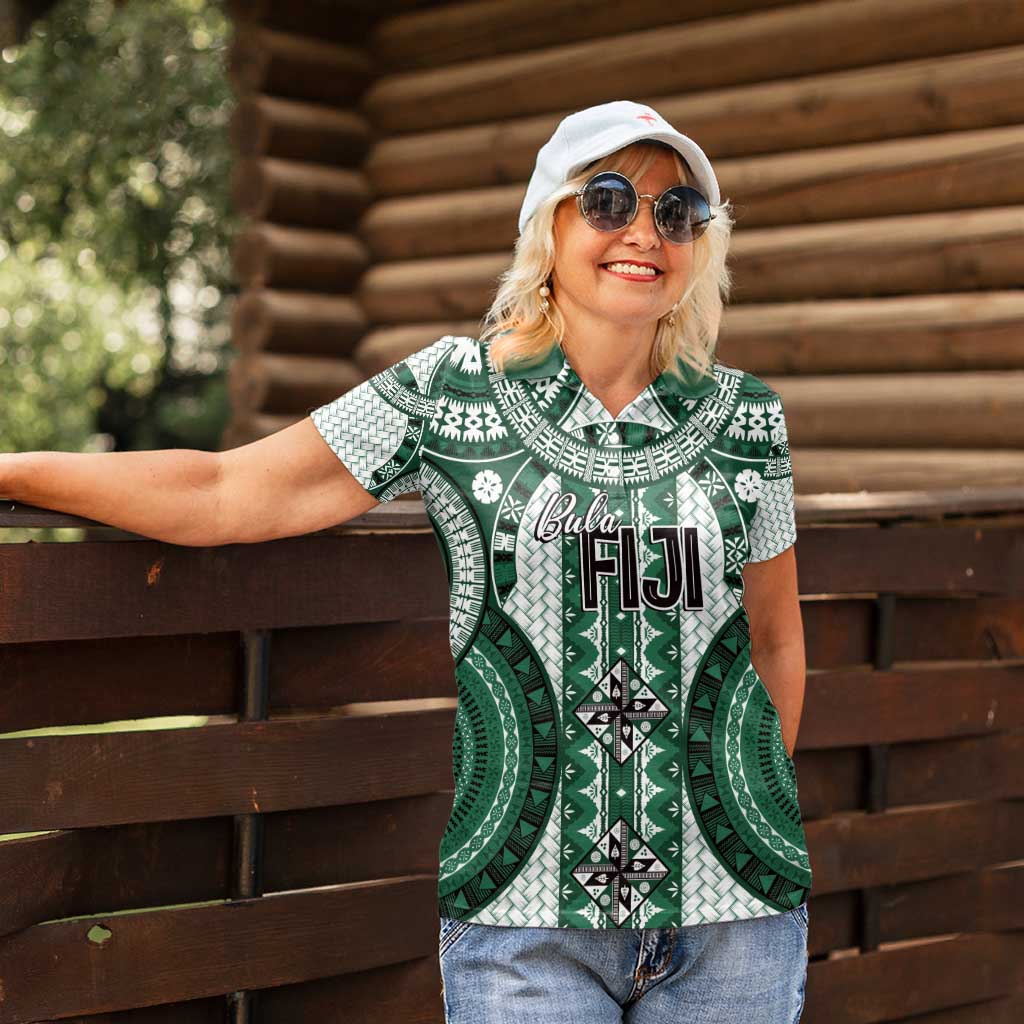 Bula Fiji Vintage Women Polo Shirt Phthalo Green Masi Motifs