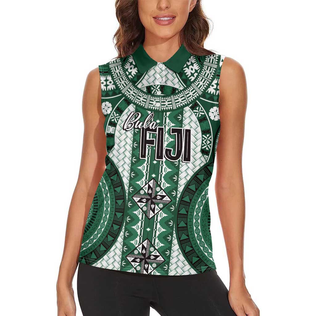 Bula Fiji Vintage Women Sleeveless Polo Shirt Phthalo Green Masi Motifs