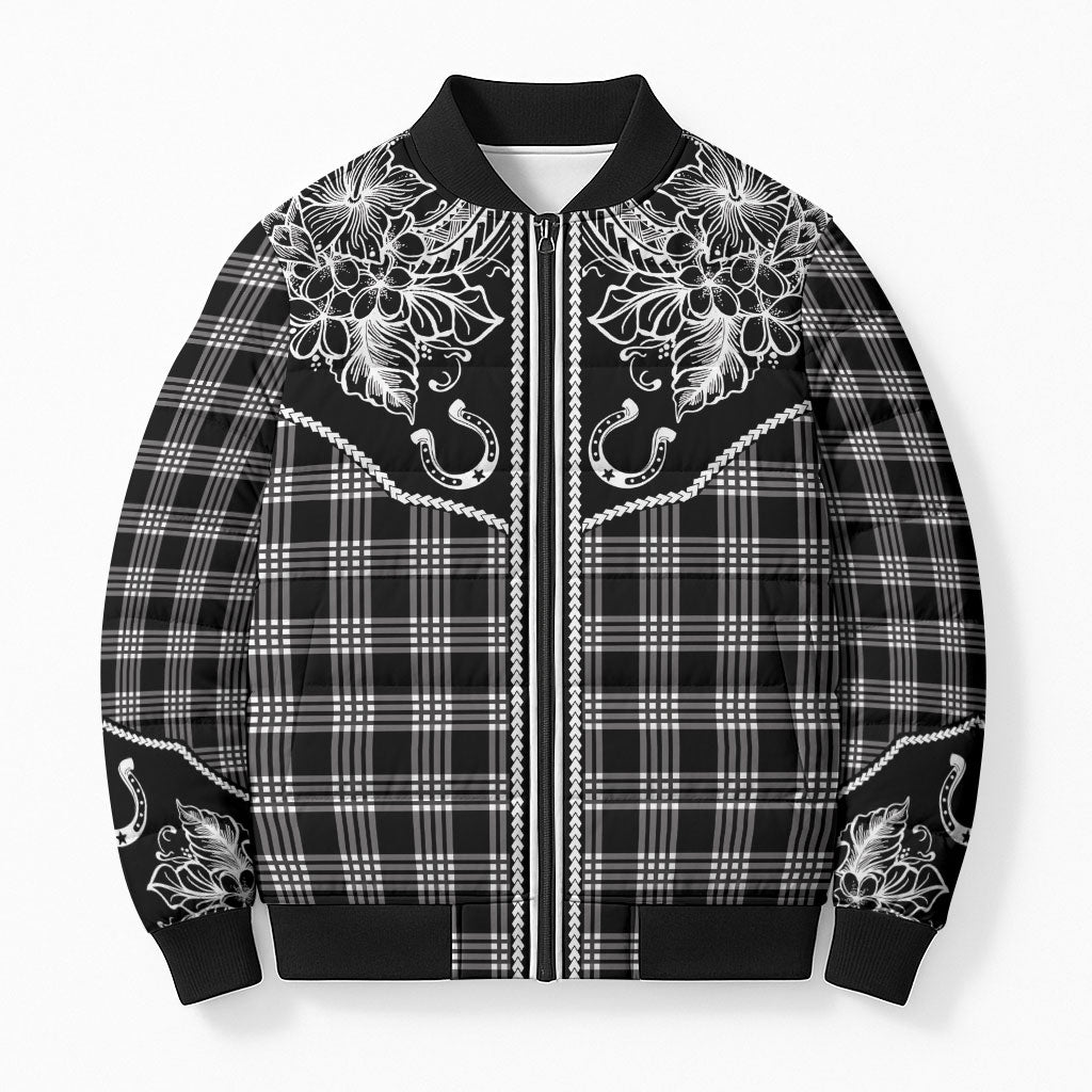 Hawai'i Paniolo Motif Black Bomber Puffer Jacket Floral Palaka Print LT7 Unisex Black - Polynesian Pride