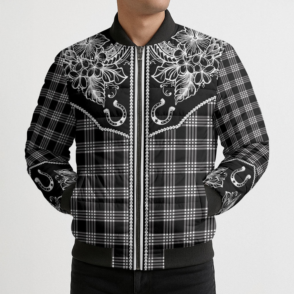 Hawai'i Paniolo Motif Black Bomber Puffer Jacket Floral Palaka Print LT7 - Polynesian Pride