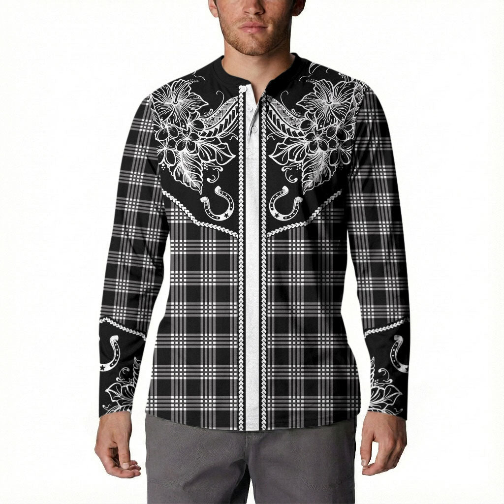 Hawai'i Paniolo Motif Black Button Sweatshirt Floral Palaka Print LT7 - Polynesian Pride
