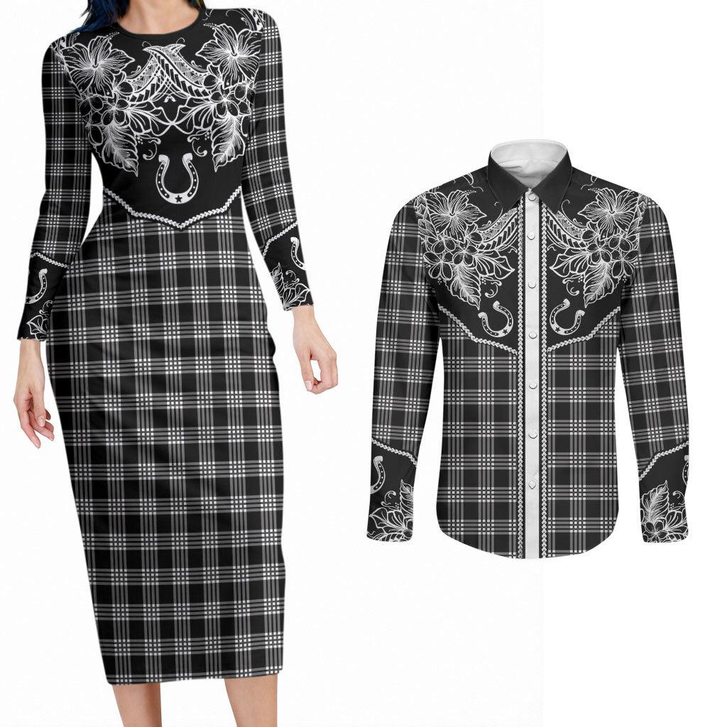 Hawai'i Paniolo Motif Black Couples Matching Long Sleeve Bodycon Dress and Long Sleeve Button Shirt Floral Palaka Print LT7 Black - Polynesian Pride