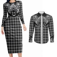 Hawai'i Paniolo Motif Black Couples Matching Long Sleeve Bodycon Dress and Long Sleeve Button Shirt Floral Palaka Print LT7 Black - Polynesian Pride