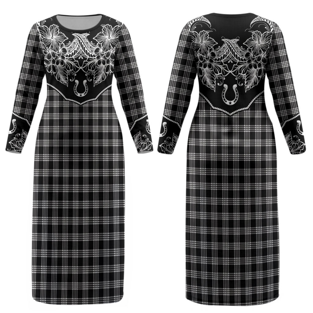 Hawai'i Paniolo Motif Black Couples Matching Long Sleeve Bodycon Dress and Long Sleeve Button Shirt Floral Palaka Print LT7 - Polynesian Pride