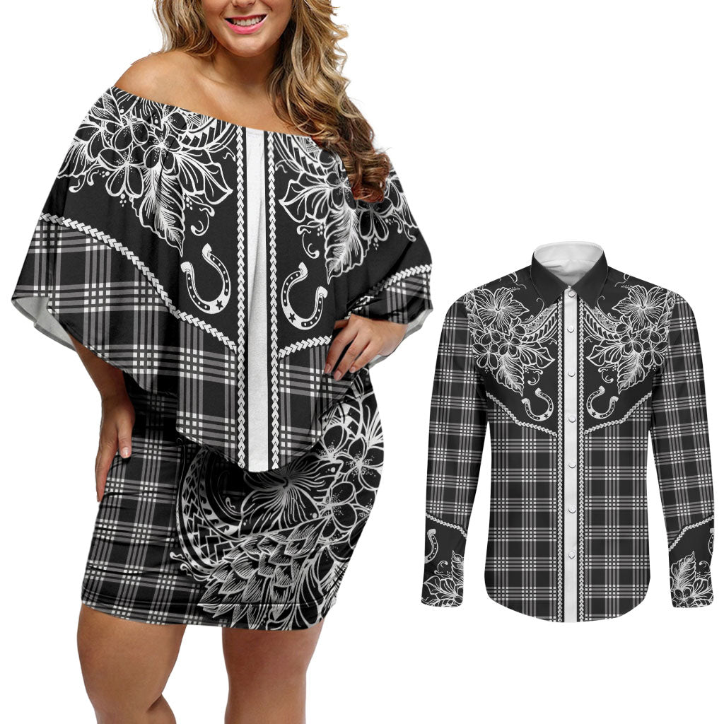 Hawai'i Paniolo Motif Black Couples Matching Off Shoulder Short Dress and Long Sleeve Button Shirt Floral Palaka Print