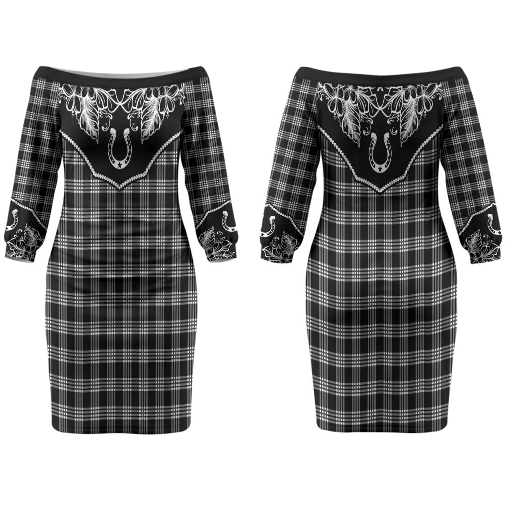 Hawai'i Paniolo Motif Black Couples Matching Off The Shoulder Long Sleeve Dress and Long Sleeve Button Shirt Floral Palaka Print LT7 - Polynesian Pride