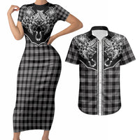 Hawai'i Paniolo Motif Black Couples Matching Short Sleeve Bodycon Dress and Hawaiian Shirt Floral Palaka Print LT7 Black - Polynesian Pride