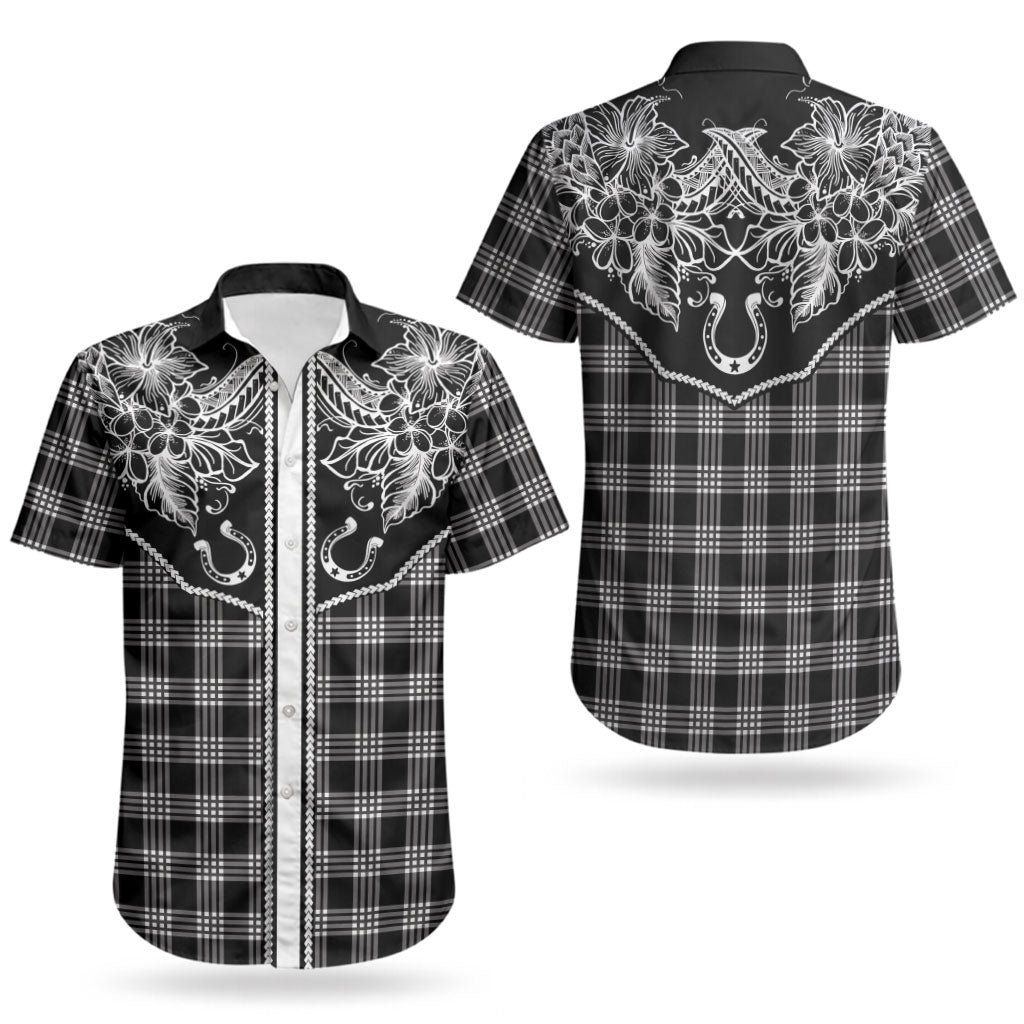 Hawai'i Paniolo Motif Black Couples Matching Short Sleeve Bodycon Dress and Hawaiian Shirt Floral Palaka Print LT7 - Polynesian Pride