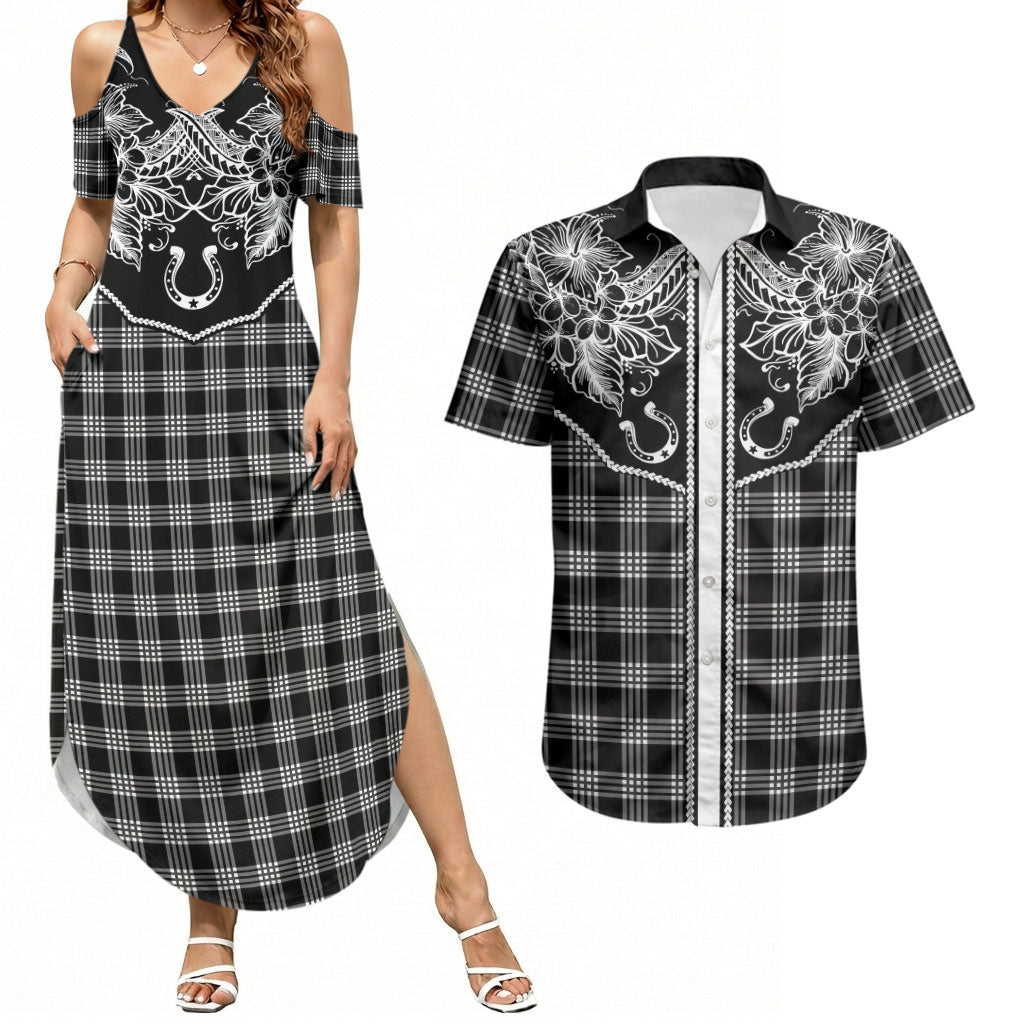 Hawai'i Paniolo Motif Black Couples Matching Summer Maxi Dress and Hawaiian Shirt Floral Palaka Print LT7 Black - Polynesian Pride