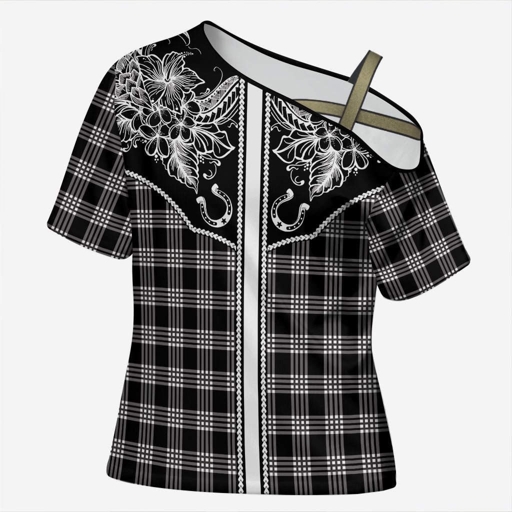 Hawai'i Paniolo Motif Black Cross Shoulder Shirt Floral Palaka Print LT7 Female Black - Polynesian Pride