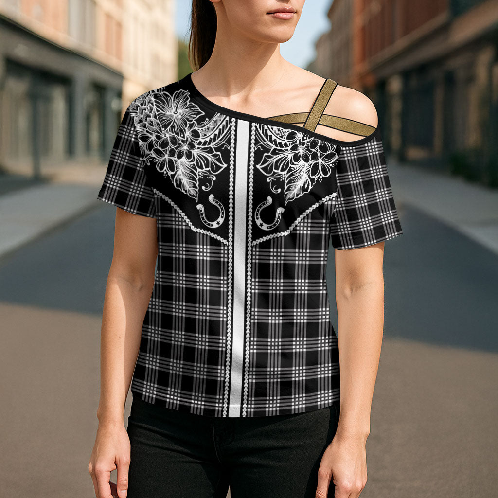 Hawai'i Paniolo Motif Black Cross Shoulder Shirt Floral Palaka Print LT7 - Polynesian Pride