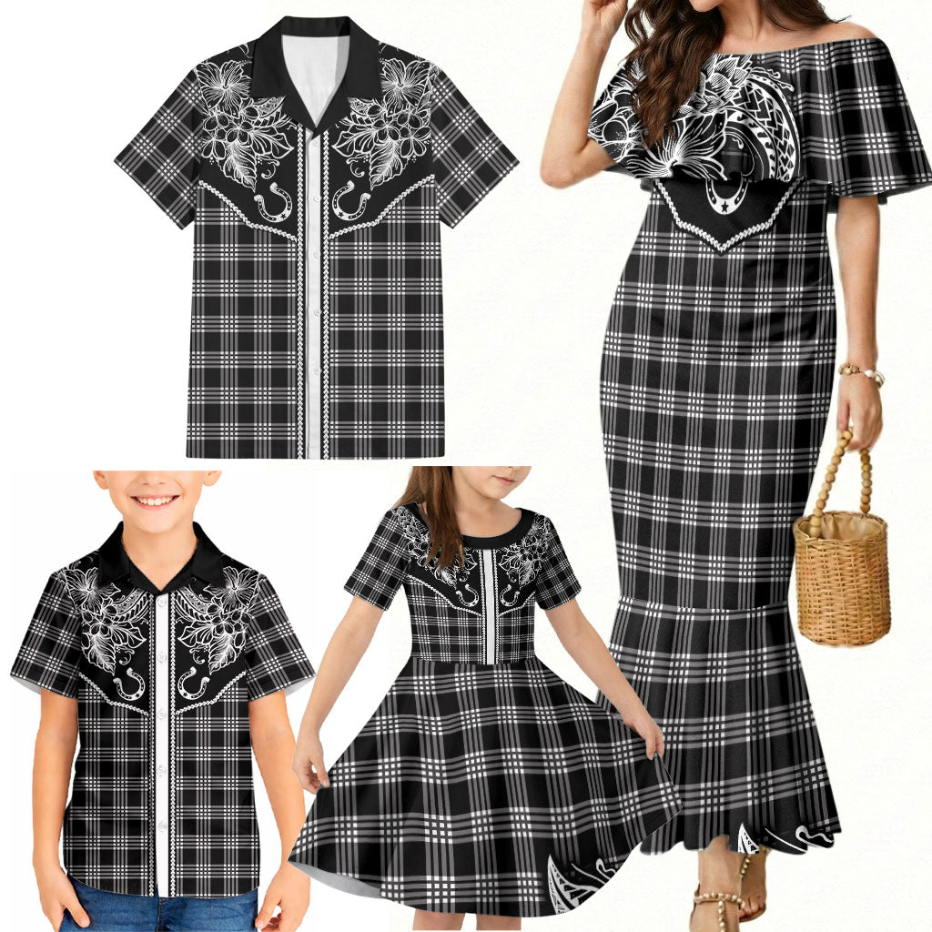 Hawai'i Paniolo Motif Black Family Matching Mermaid Dress and Hawaiian Shirt Floral Palaka Print LT7 - Polynesian Pride