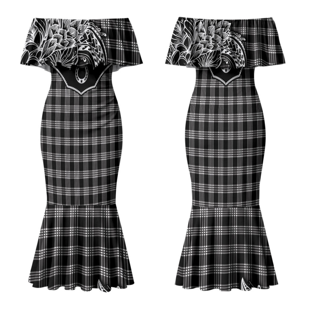 Hawai'i Paniolo Motif Black Family Matching Mermaid Dress and Hawaiian Shirt Floral Palaka Print LT7 Mom's Dress Black - Polynesian Pride