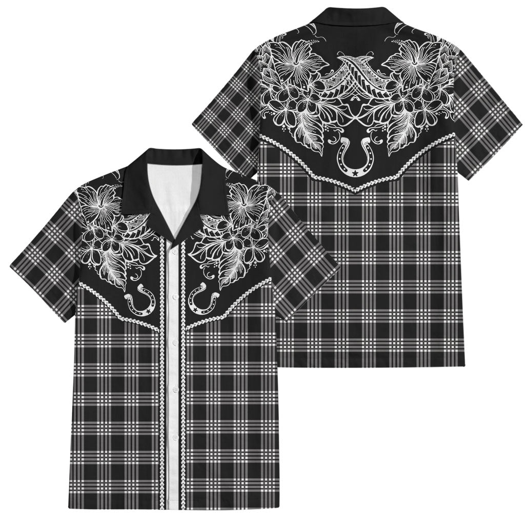 Hawai'i Paniolo Motif Black Family Matching Mermaid Dress and Hawaiian Shirt Floral Palaka Print LT7 Dad's Shirt - Short Sleeve Black - Polynesian Pride