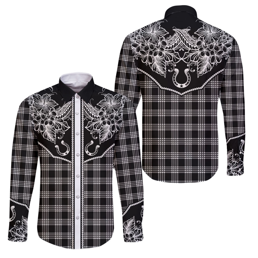 Hawai'i Paniolo Motif Black Family Matching Mermaid Dress and Hawaiian Shirt Floral Palaka Print LT7 Dad's Shirt - Long Sleeve Black - Polynesian Pride