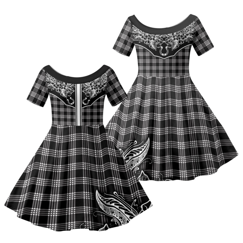 Hawai'i Paniolo Motif Black Family Matching Mermaid Dress and Hawaiian Shirt Floral Palaka Print LT7 Daughter's Dress Black - Polynesian Pride