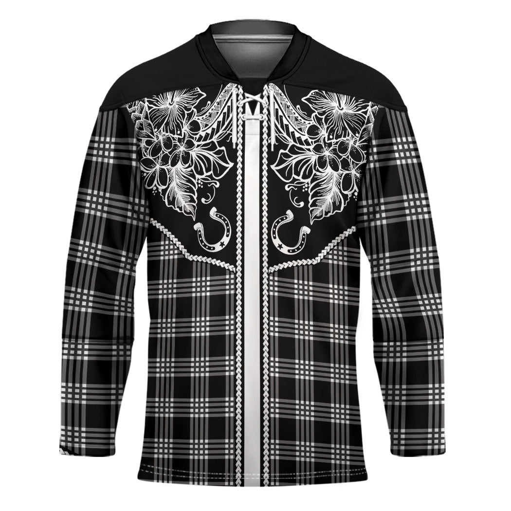 Hawai'i Paniolo Motif Black Hockey Jersey Floral Palaka Print LT7 Unisex Black - Polynesian Pride