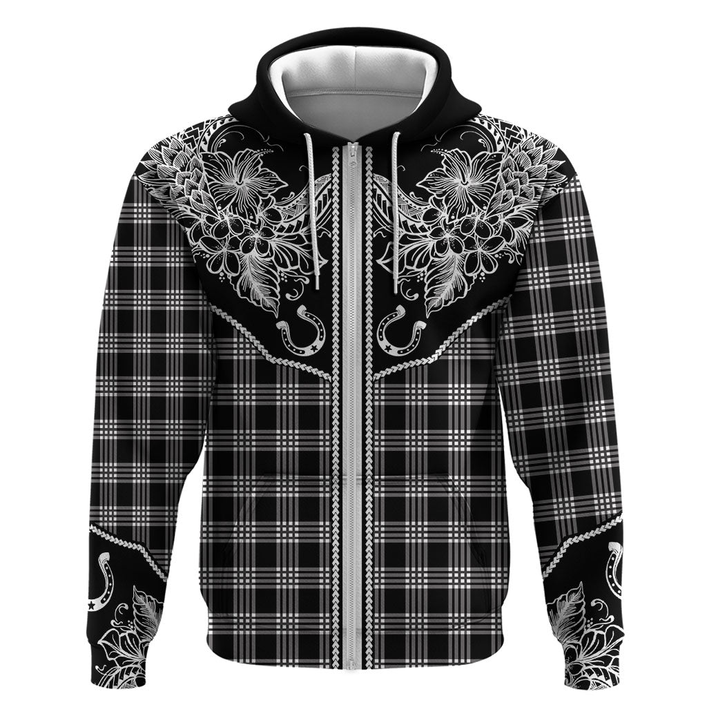 Hawai'i Paniolo Motif Black Hoodie Floral Palaka Print LT7 Zip Hoodie Black - Polynesian Pride