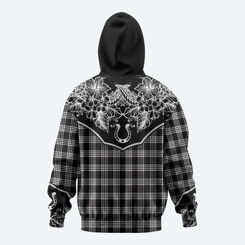 Hawai'i Paniolo Motif Black Hoodie Floral Palaka Print LT7 - Polynesian Pride