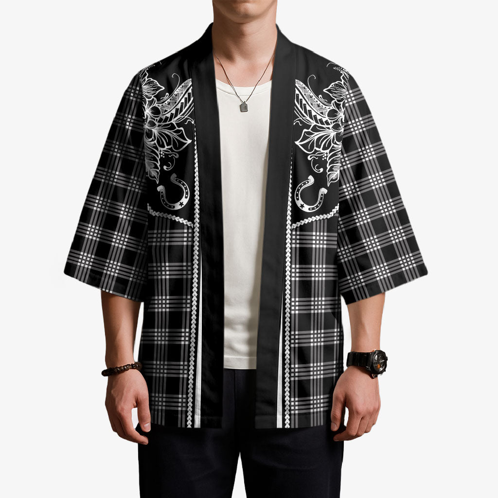 Hawai'i Paniolo Motif Black Kimono Floral Palaka Print LT7 - Polynesian Pride