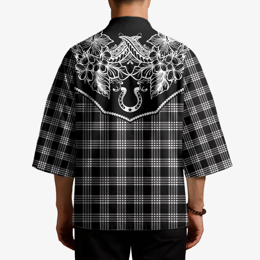 Hawai'i Paniolo Motif Black Kimono Floral Palaka Print LT7 - Polynesian Pride