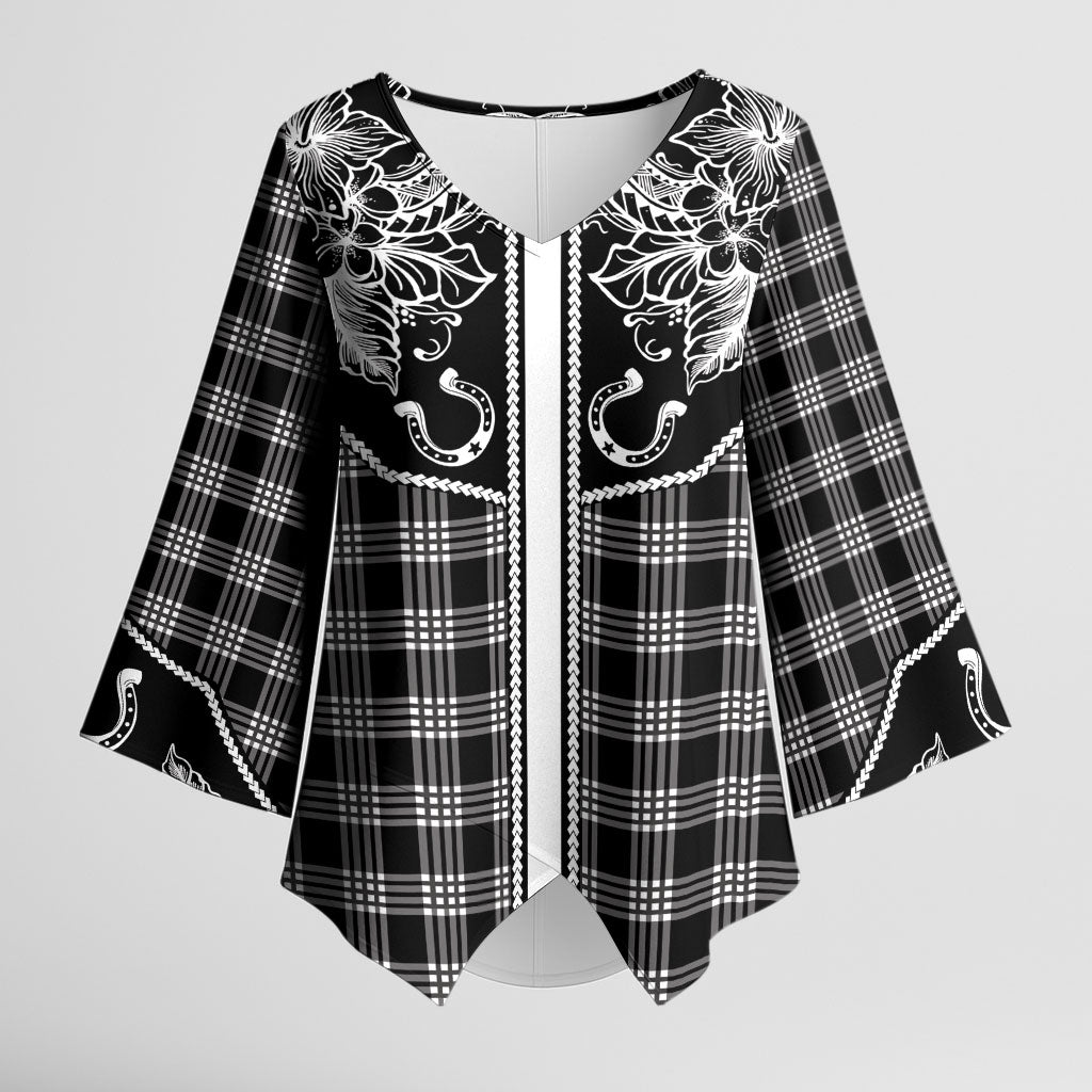 Hawai'i Paniolo Motif Black Kimono Sleeve Blouse Floral Palaka Print LT7 Female Black - Polynesian Pride