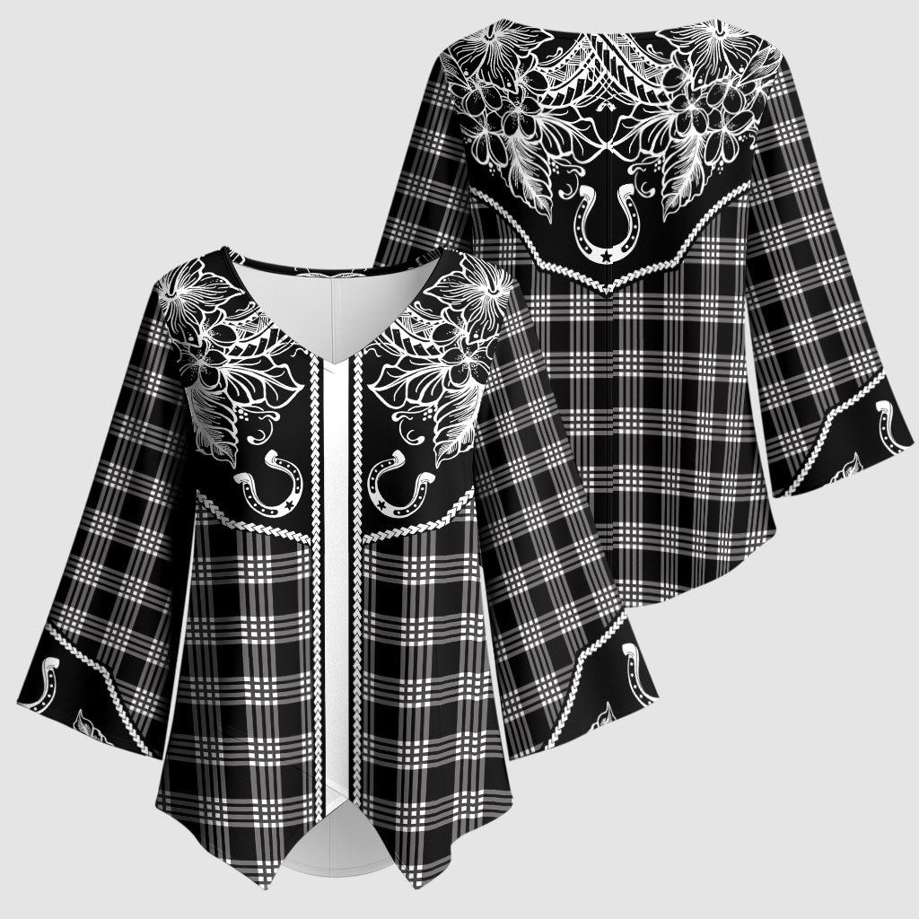 Hawai'i Paniolo Motif Black Kimono Sleeve Blouse Floral Palaka Print LT7 - Polynesian Pride
