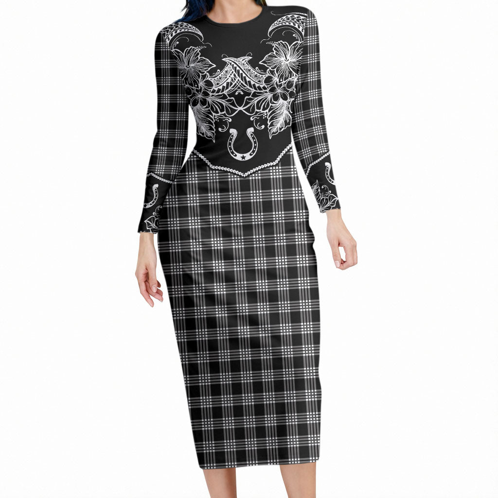 Hawai'i Paniolo Motif Black Long Sleeve Bodycon Dress Floral Palaka Print LT7 Long Dress Black - Polynesian Pride