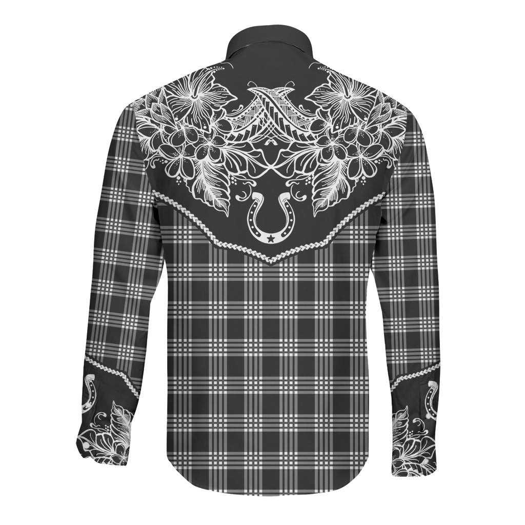 Hawai'i Paniolo Motif Black Long Sleeve Button Shirt Floral Palaka Print LT7 - Polynesian Pride