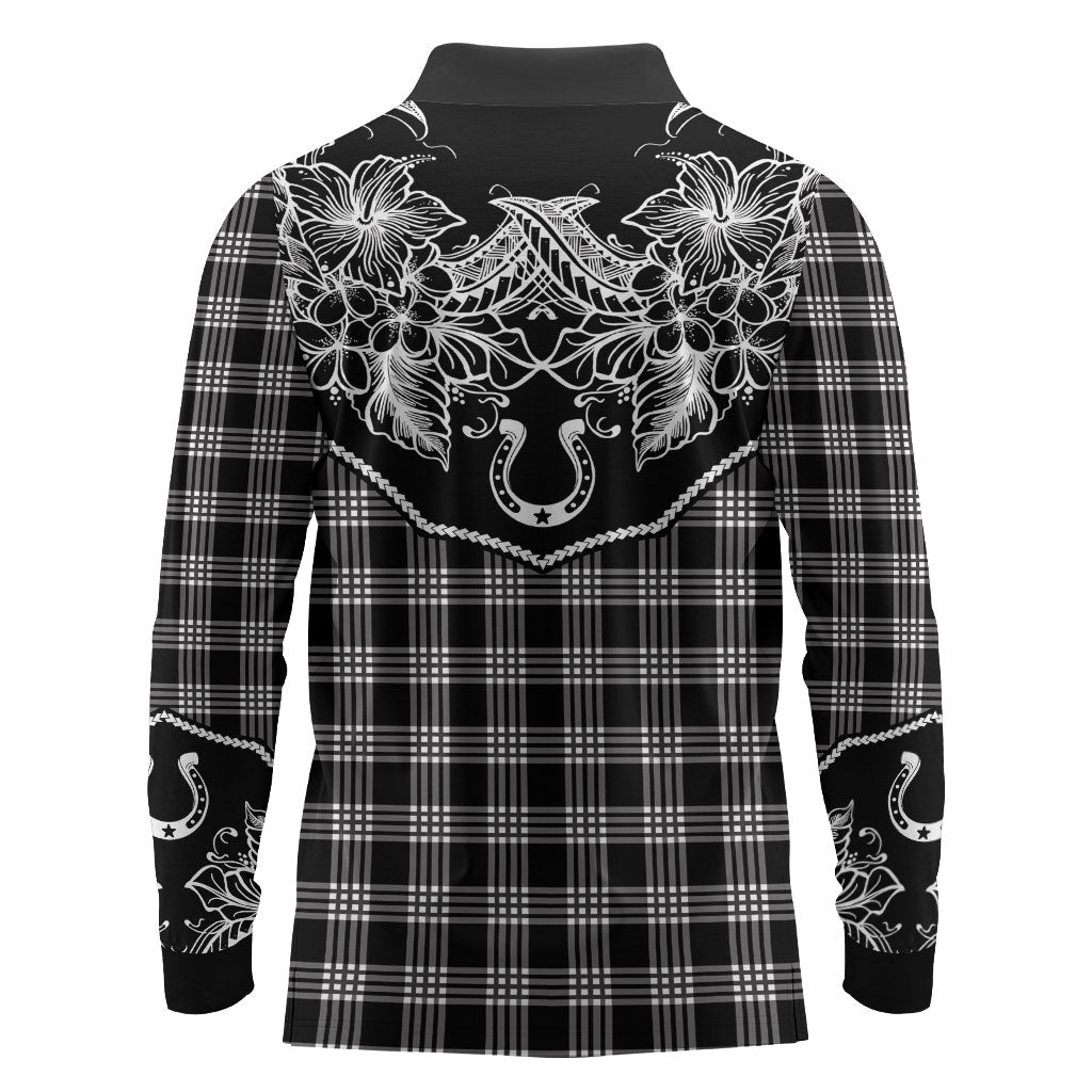 Hawai'i Paniolo Motif Black Long Sleeve Polo Shirt Floral Palaka Print LT7 - Polynesian Pride