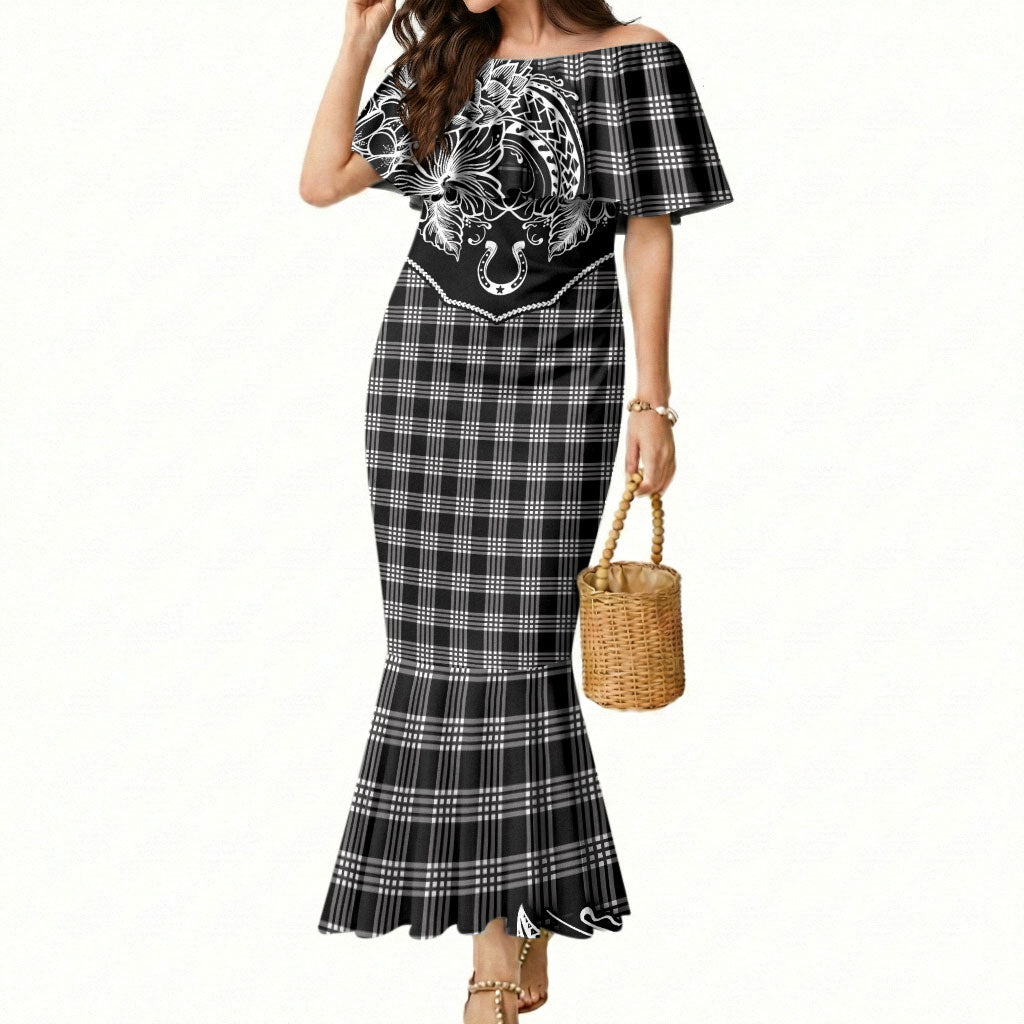 Hawai'i Paniolo Motif Black Mermaid Dress Floral Palaka Print LT7 Women Black - Polynesian Pride