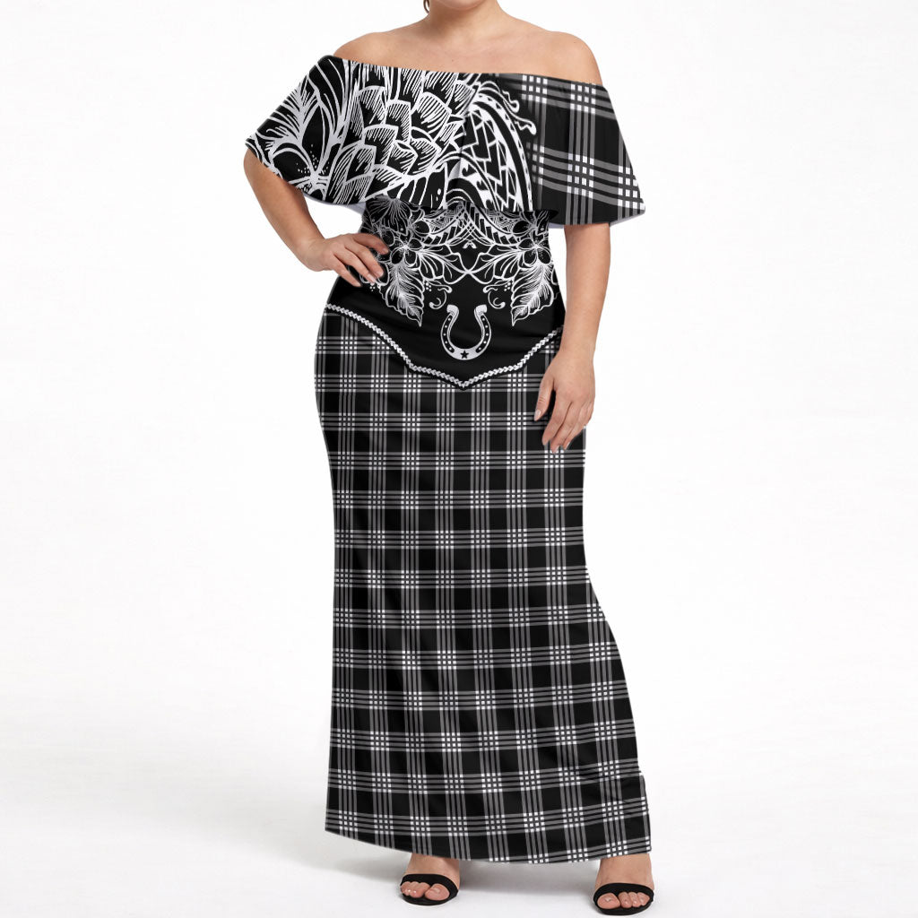 Hawai'i Paniolo Motif Black Off Shoulder Maxi Dress Floral Palaka Print LT7 Women Black - Polynesian Pride