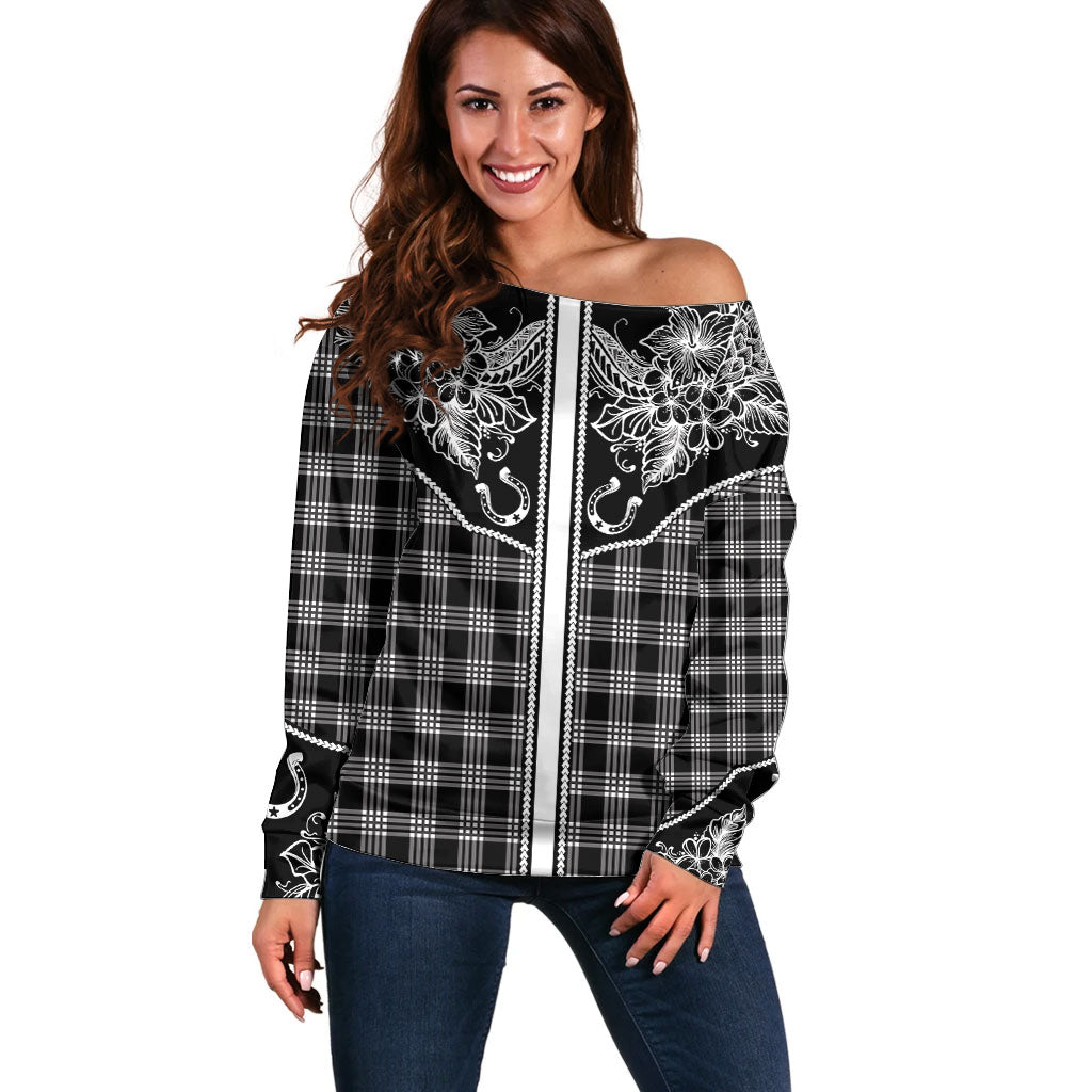 Hawai'i Paniolo Motif Black Off Shoulder Sweater Floral Palaka Print LT7 Women Black - Polynesian Pride