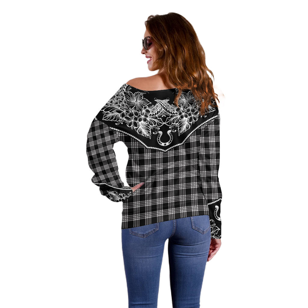 Hawai'i Paniolo Motif Black Off Shoulder Sweater Floral Palaka Print LT7 - Polynesian Pride