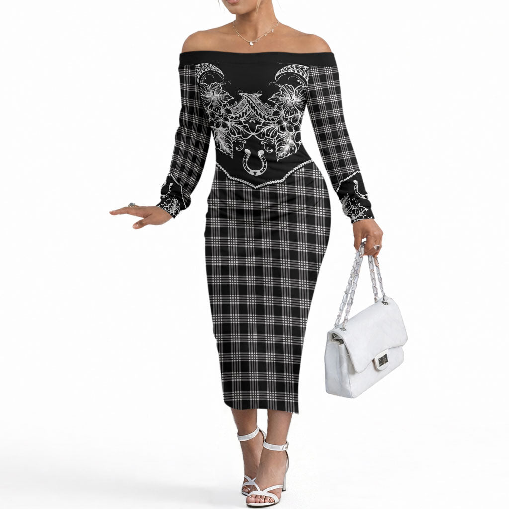 Hawai'i Paniolo Motif Black Off The Shoulder Long Sleeve Dress Floral Palaka Print LT7 Women Black - Polynesian Pride