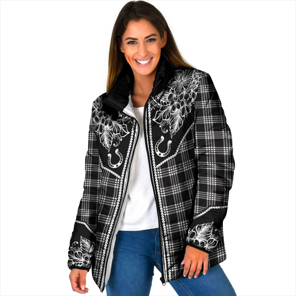 Hawai'i Paniolo Motif Black Padded Jacket Floral Palaka Print LT7 Women Black - Polynesian Pride