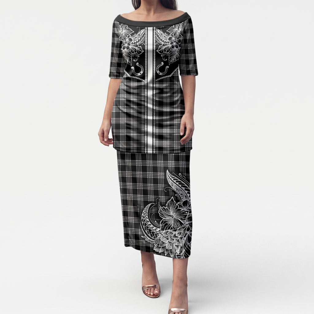 Hawai'i Paniolo Motif Black Puletasi Floral Palaka Print LT7 Long Dress Black - Polynesian Pride
