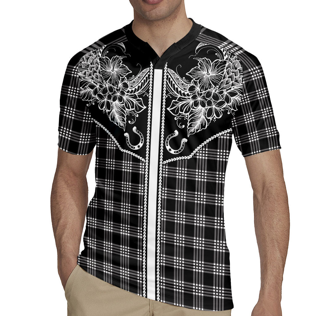 Hawai'i Paniolo Motif Black Rugby Jersey Floral Palaka Print LT7 - Polynesian Pride