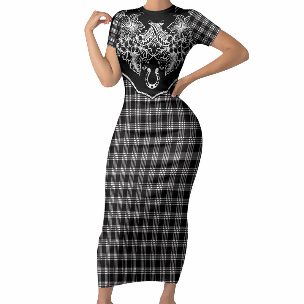 Hawai'i Paniolo Motif Black Short Sleeve Bodycon Dress Floral Palaka Print LT7 Long Dress Black - Polynesian Pride