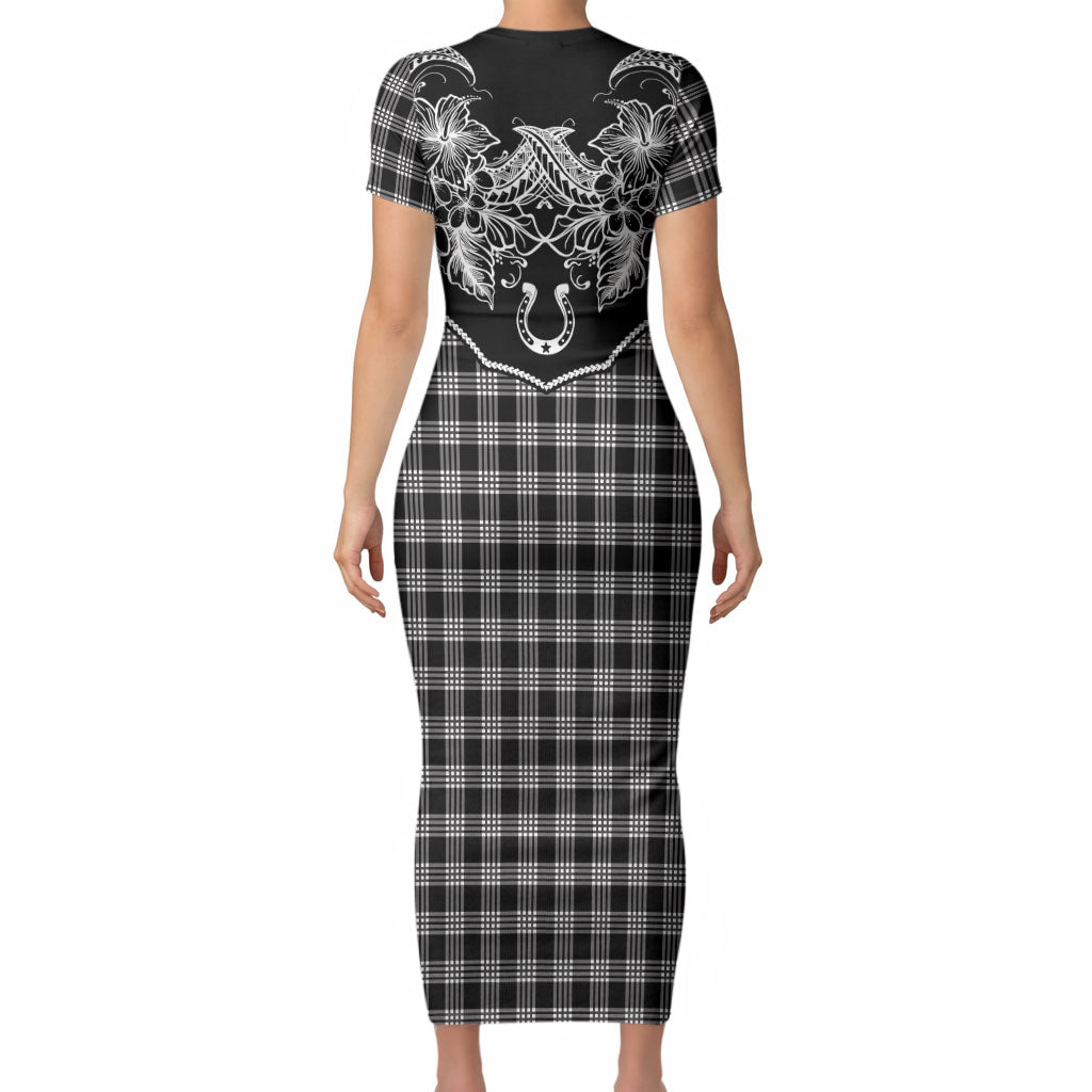 Hawai'i Paniolo Motif Black Short Sleeve Bodycon Dress Floral Palaka Print LT7 - Polynesian Pride