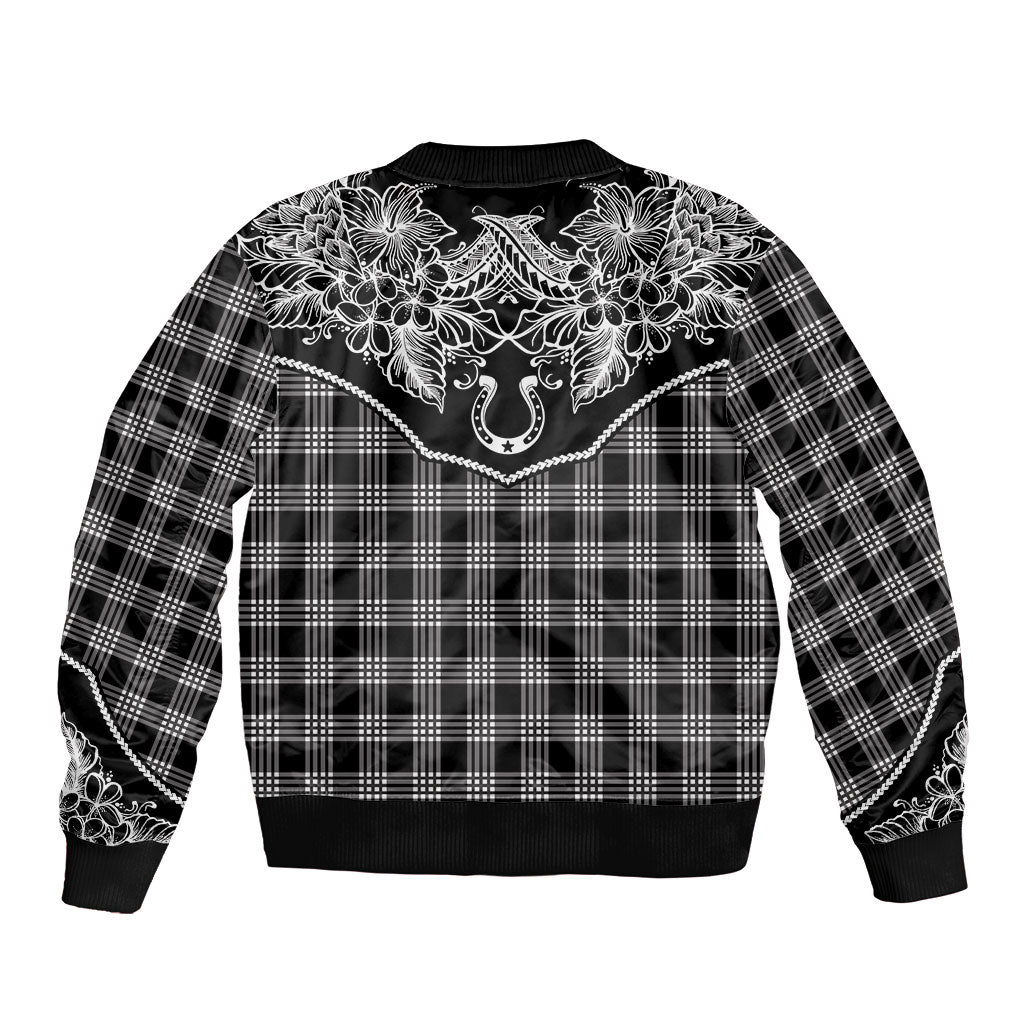 Hawai'i Paniolo Motif Black Sleeve Zip Bomber Jacket Floral Palaka Print LT7 - Polynesian Pride