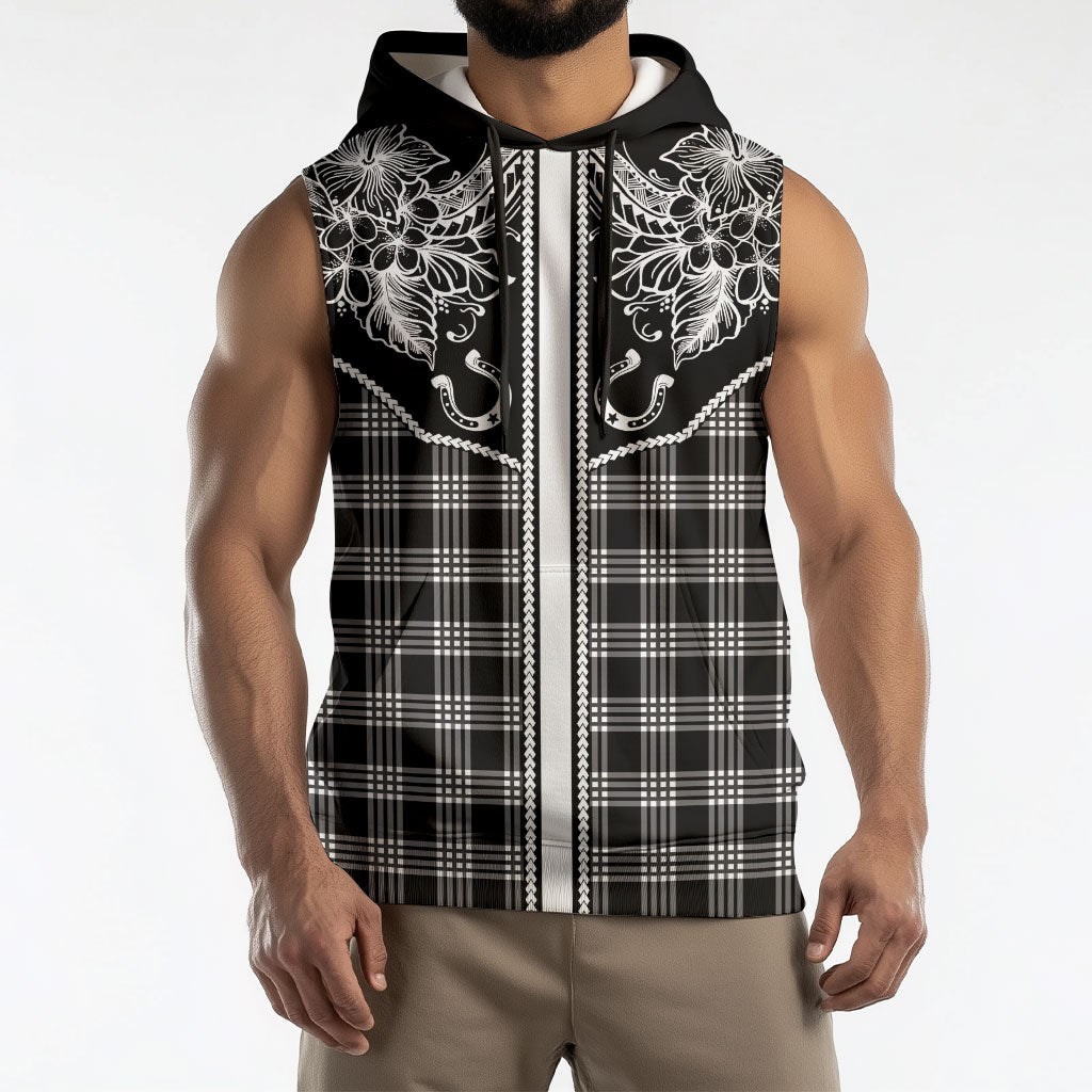 Hawai'i Paniolo Motif Black Sleeveless Hoodie Floral Palaka Print LT7 - Polynesian Pride