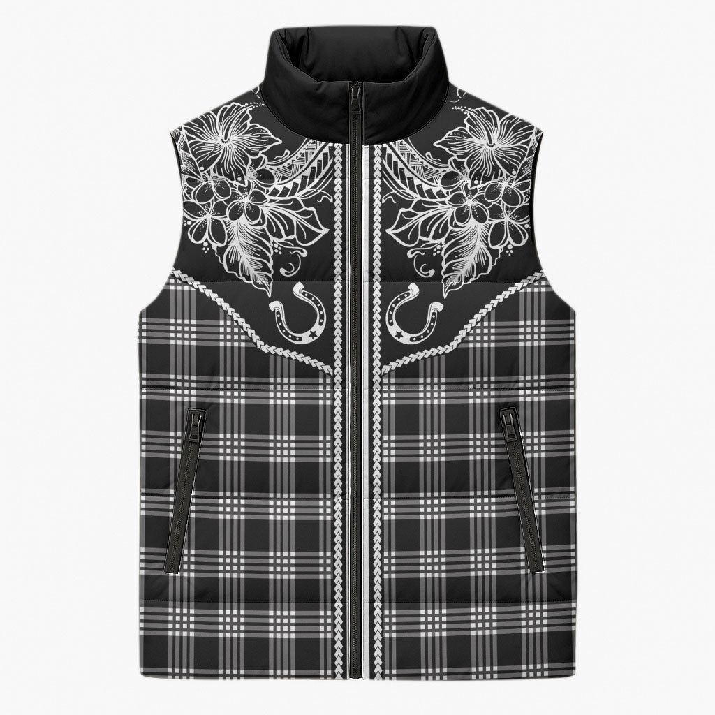 Hawai'i Paniolo Motif Black Sleeveless Puffer Jacket Floral Palaka Print LT7 Unisex Black - Polynesian Pride