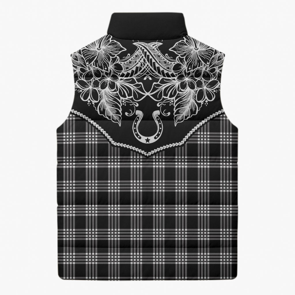 Hawai'i Paniolo Motif Black Sleeveless Puffer Jacket Floral Palaka Print LT7 - Polynesian Pride