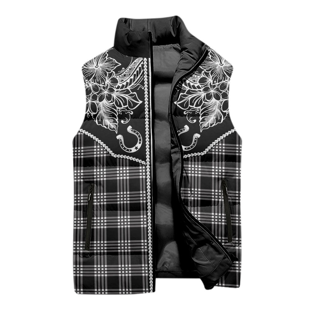 Hawai'i Paniolo Motif Black Sleeveless Puffer Jacket Floral Palaka Print LT7 - Polynesian Pride