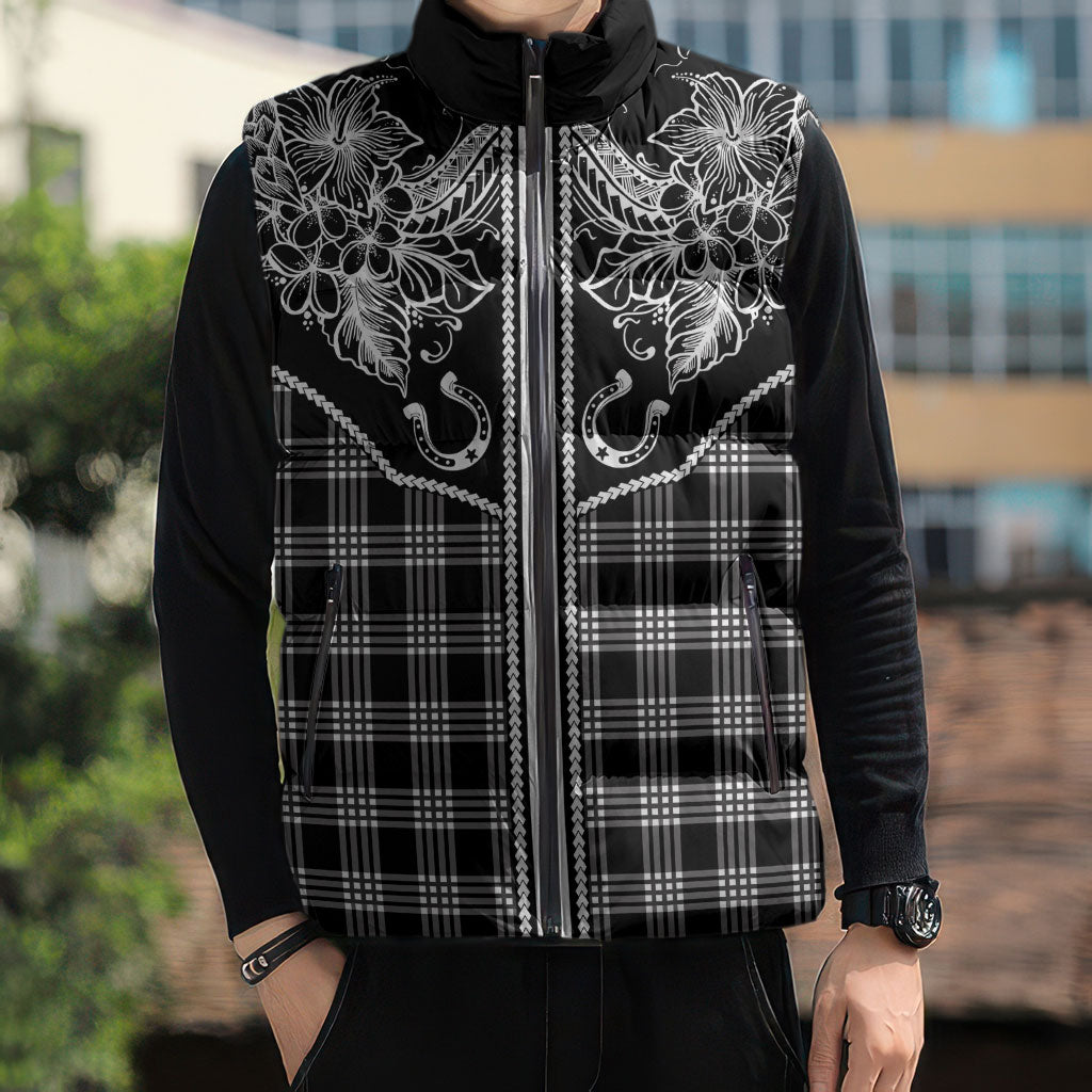 Hawai'i Paniolo Motif Black Sleeveless Puffer Jacket Floral Palaka Print LT7 - Polynesian Pride