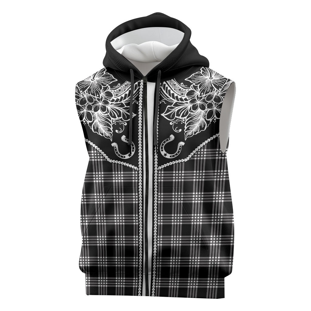 Hawai'i Paniolo Motif Black Sleeveless Zip Hoodie Floral Palaka Print LT7 Black - Polynesian Pride
