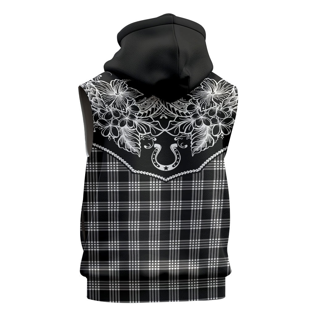Hawai'i Paniolo Motif Black Sleeveless Zip Hoodie Floral Palaka Print LT7 - Polynesian Pride