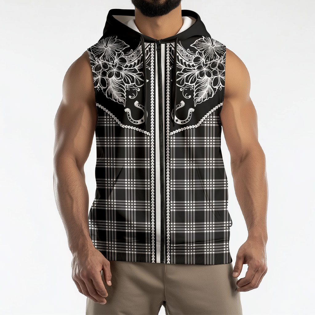 Hawai'i Paniolo Motif Black Sleeveless Zip Hoodie Floral Palaka Print LT7 - Polynesian Pride