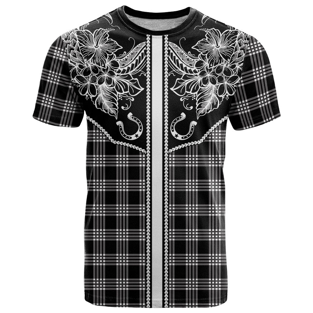 Hawai'i Paniolo Motif Black T Shirt Floral Palaka Print